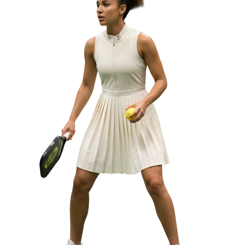 Zip-Front Sleeveless Pleated Pickle Ball Dress in Cream